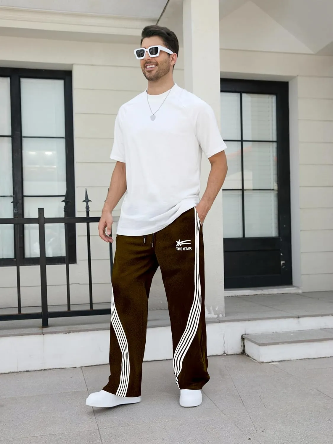 GORGLITTER Men's Wide Leg Baggy Sweatpants Y2k Striped Side Drawstring Waist Track Pants with Pockets