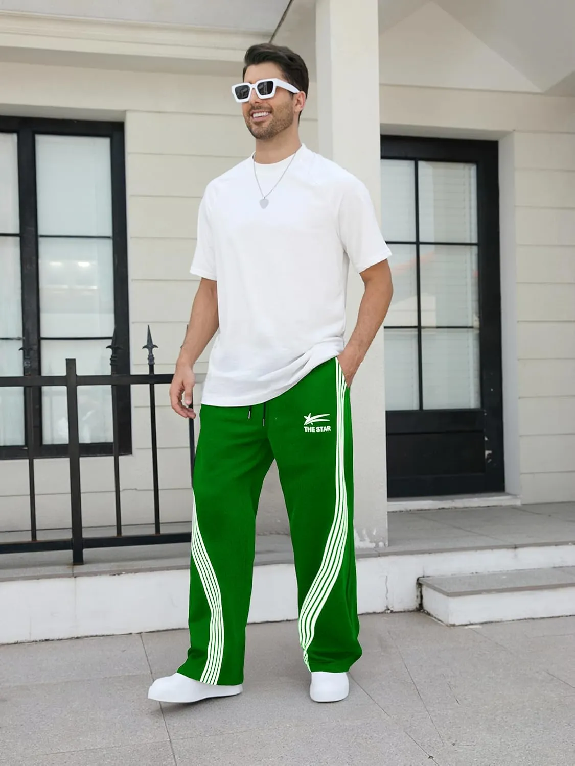 GORGLITTER Men's Wide Leg Baggy Sweatpants Y2k Striped Side Drawstring Waist Track Pants with Pockets