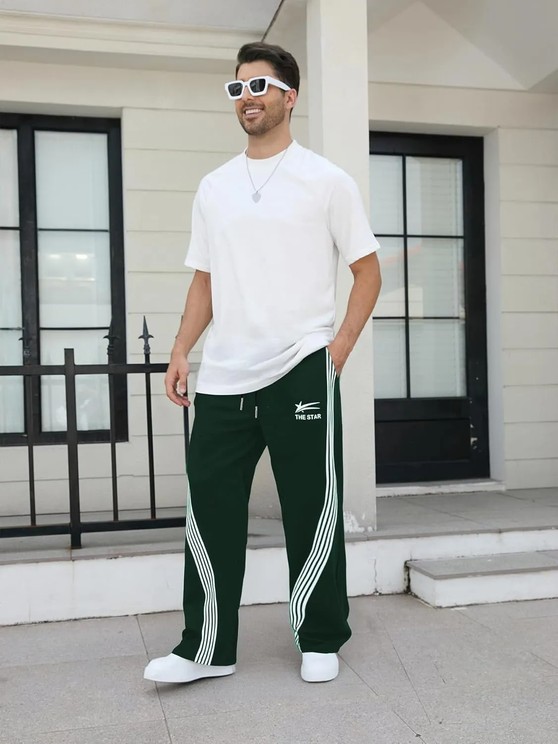 GORGLITTER Men's Wide Leg Baggy Sweatpants Y2k Striped Side Drawstring Waist Track Pants with Pockets