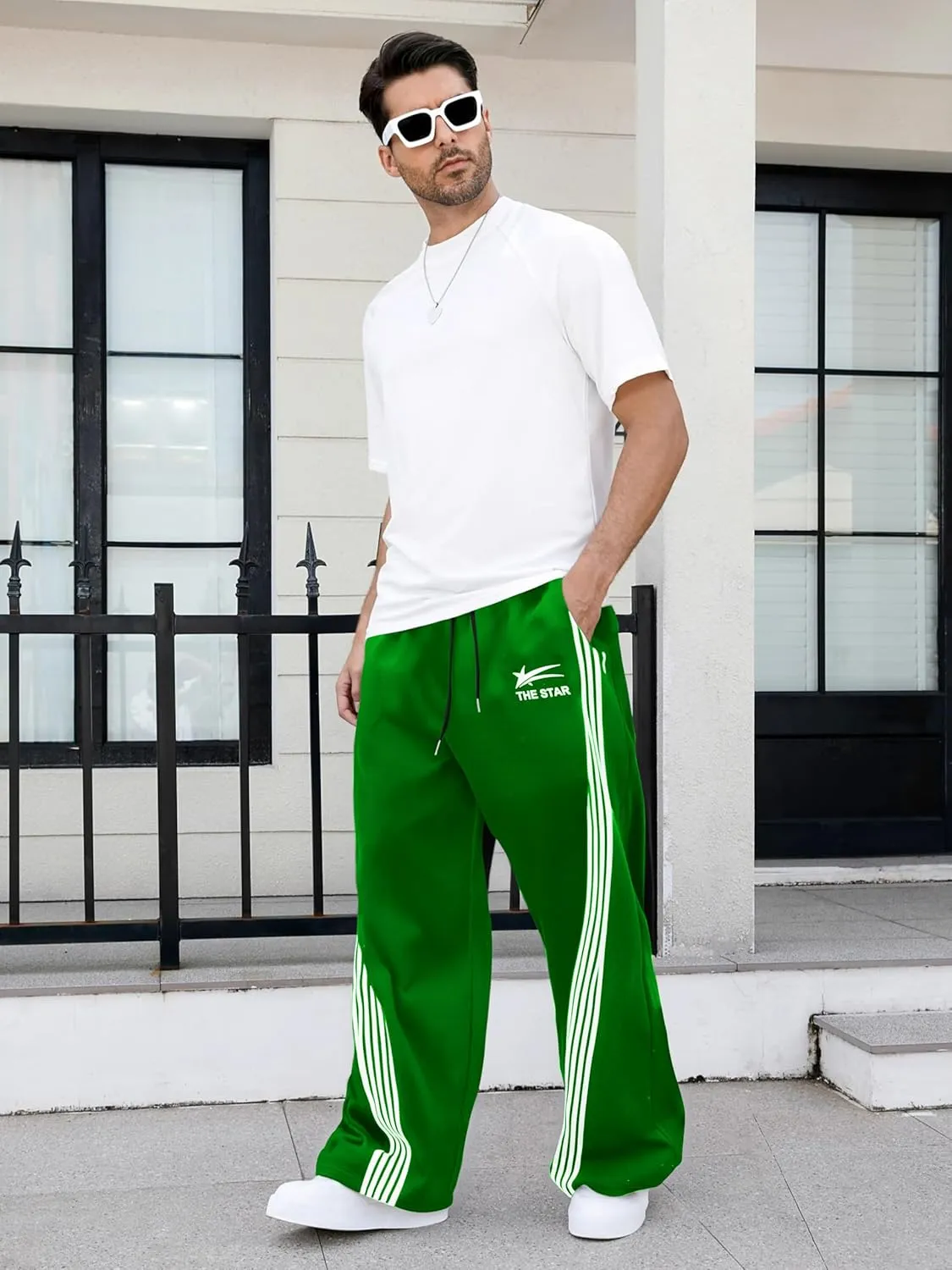 GORGLITTER Men's Wide Leg Baggy Sweatpants Y2k Striped Side Drawstring Waist Track Pants with Pockets