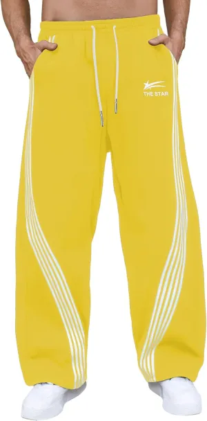 GORGLITTER Men's Wide Leg Baggy Sweatpants Y2k Striped Side Drawstring Waist Track Pants with Pockets