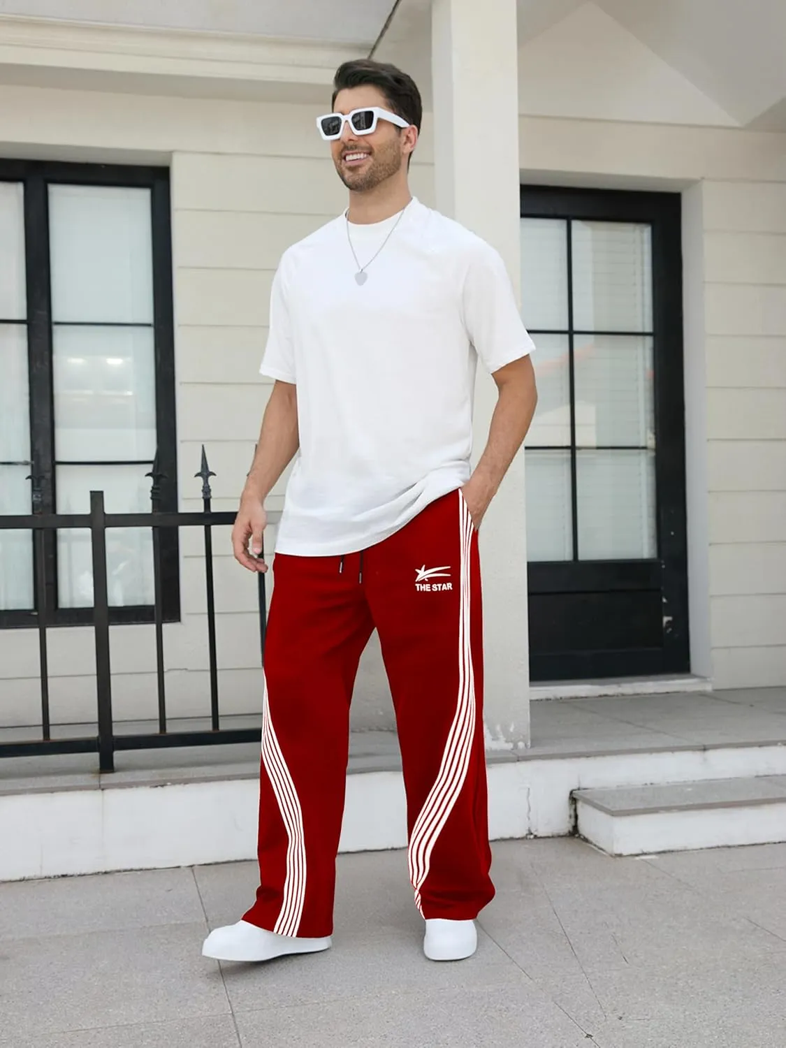 GORGLITTER Men's Wide Leg Baggy Sweatpants Y2k Striped Side Drawstring Waist Track Pants with Pockets