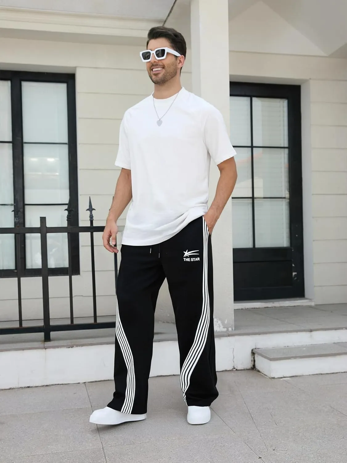 GORGLITTER Men's Wide Leg Baggy Sweatpants Y2k Striped Side Drawstring Waist Track Pants with Pockets