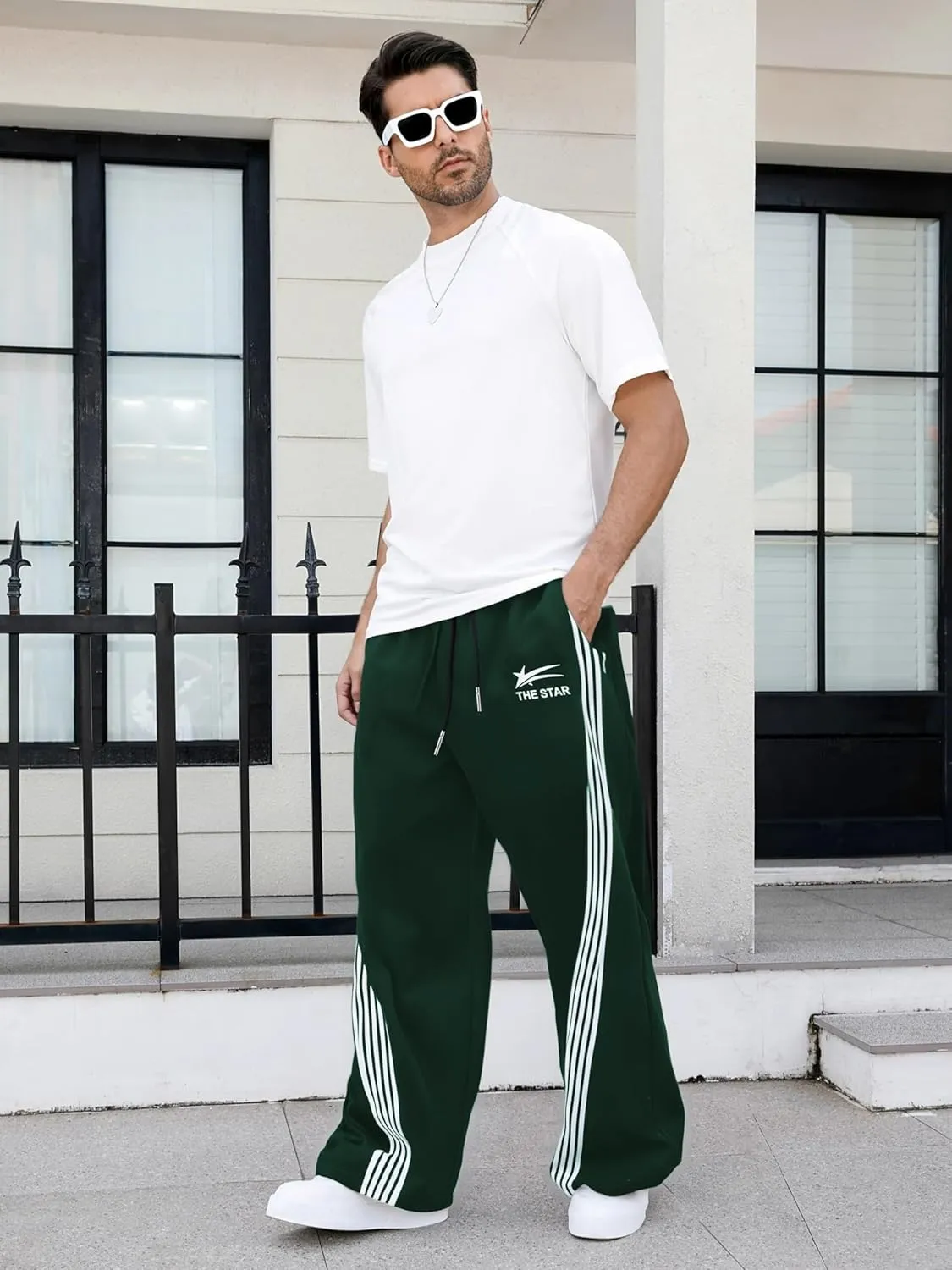 GORGLITTER Men's Wide Leg Baggy Sweatpants Y2k Striped Side Drawstring Waist Track Pants with Pockets