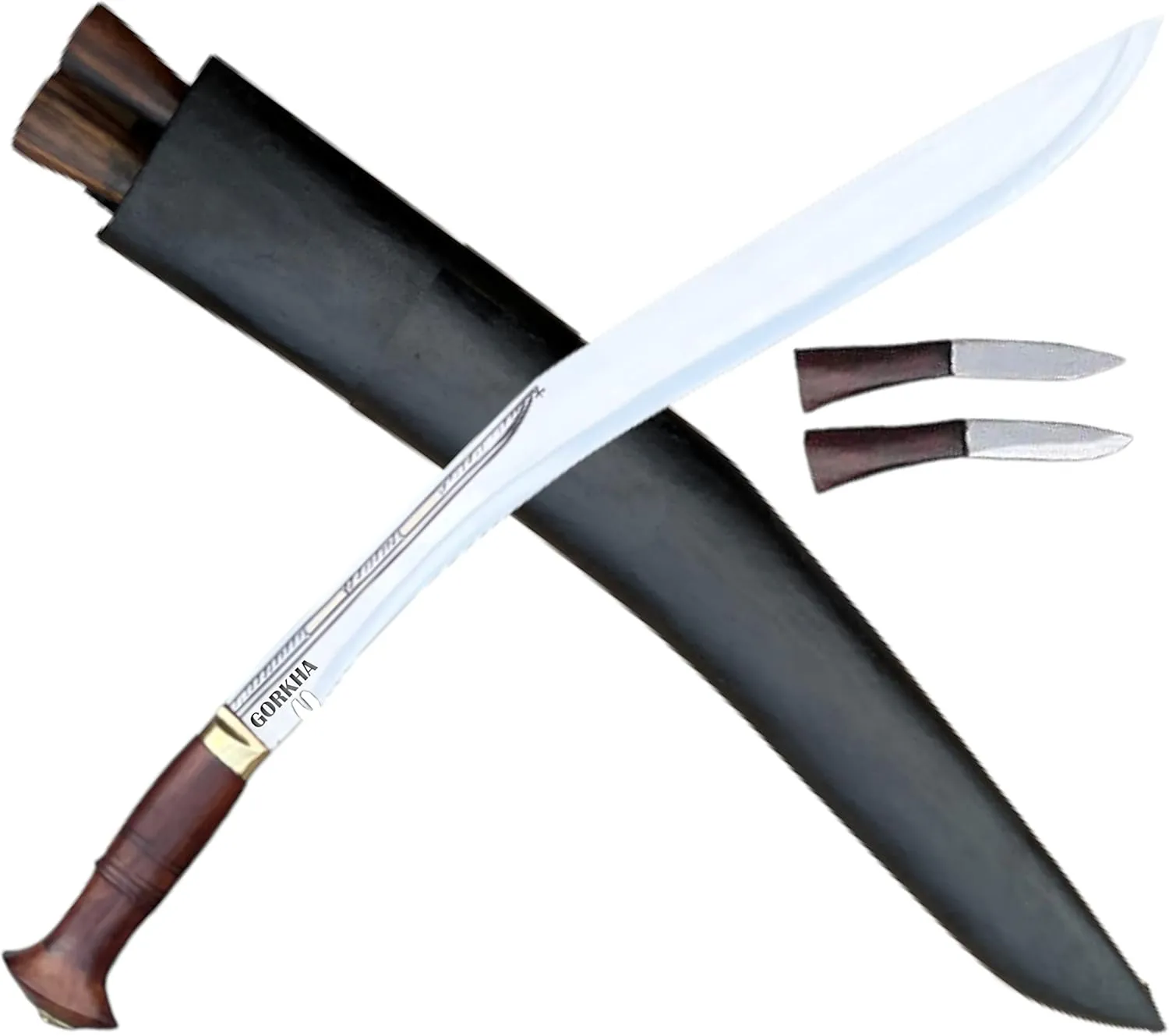 Gorkha Sirupate Kukri Knife With Sheath & 2 Small Knives, Carbon Steel 21 IN Fixed Blade, Overall 29 IN (Hiking, Bush crafting, Camping, Indoor & Outdoor) Heavy Duty Knife Hand-Hammered In Nepal
