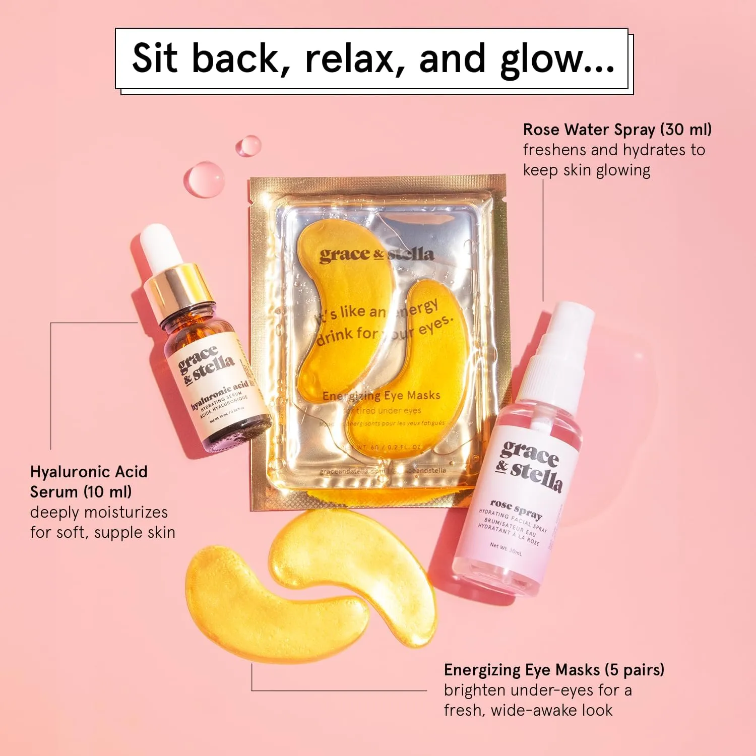 grace & stella Award-Winning Mothers Day Gifts for Mom, Birthday Gifts for Women - Travel Essentials with Gold Eye Masks, Hyaluronic Acid Serum & Rose Spray - Vegan Skin Care Set - Bachelorette Party
