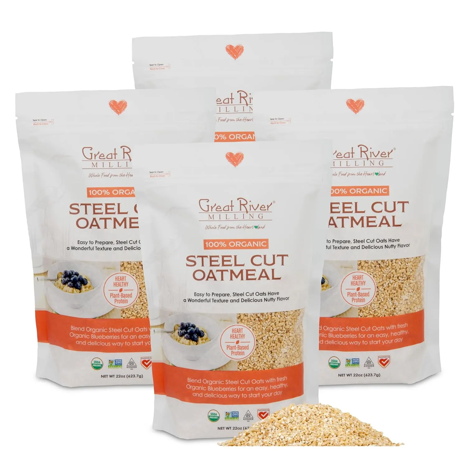 Great River Organic Milling Organic Steel Cut Oats | Whole Grain, Non-GMO, Kosher | Hearty Healthy | Rich Texture & Flavor | Perfect for Oatmeal, Porridge, Granola & Baking | 22 oz (Pack of 4)