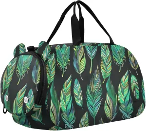 Green Feathers Pattern Duffle Bag for Girl, Sports Duffle Gym Bags with Shoe Compartment, Personalized Overnight Bag Travel Weekender for Kids