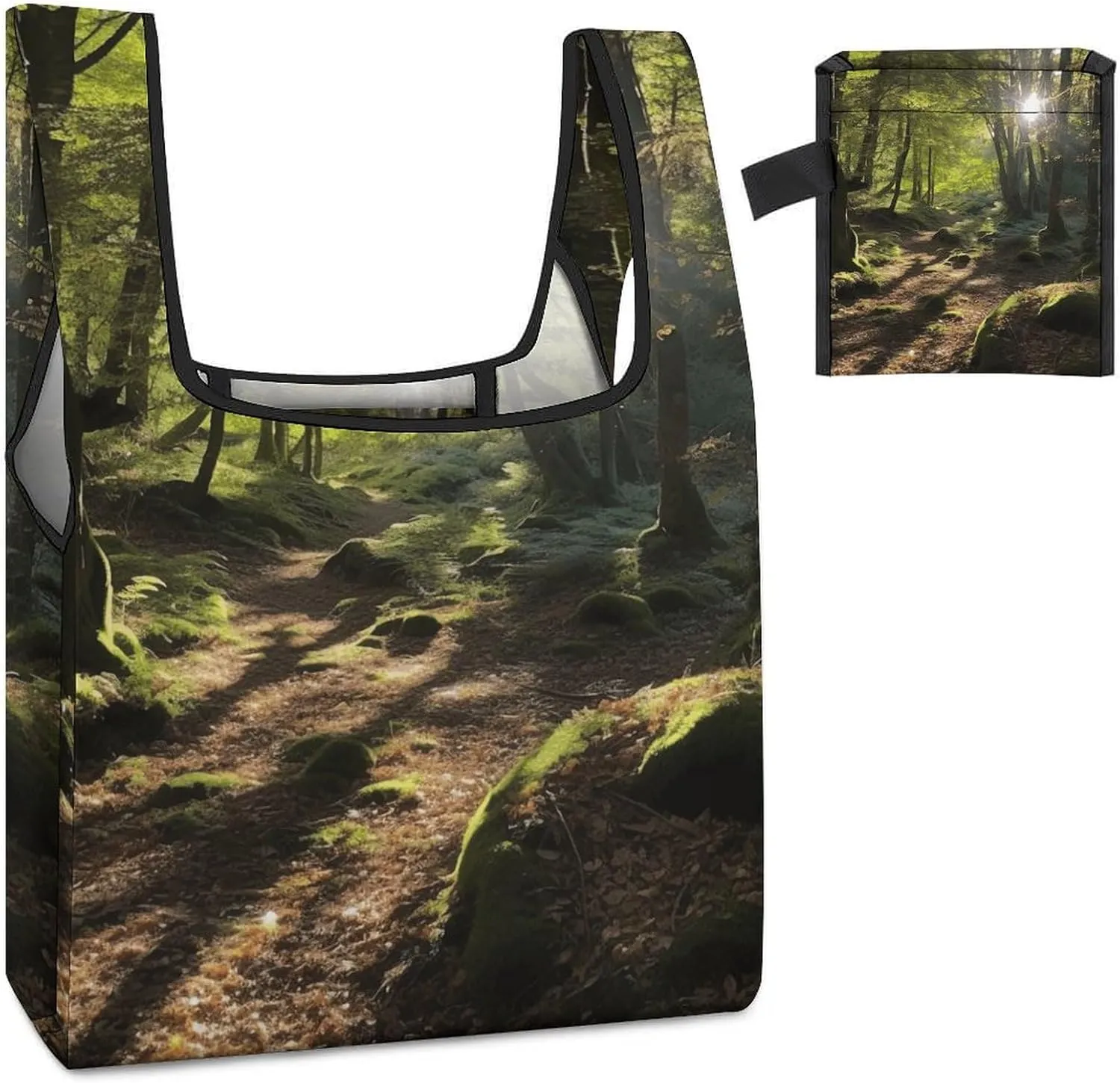 Grocery Bag Reusable Tote Bag Foldable Dark Blue Landscape Pattern Shopping Bag Handbag Washable Shoulder Bag for Work
