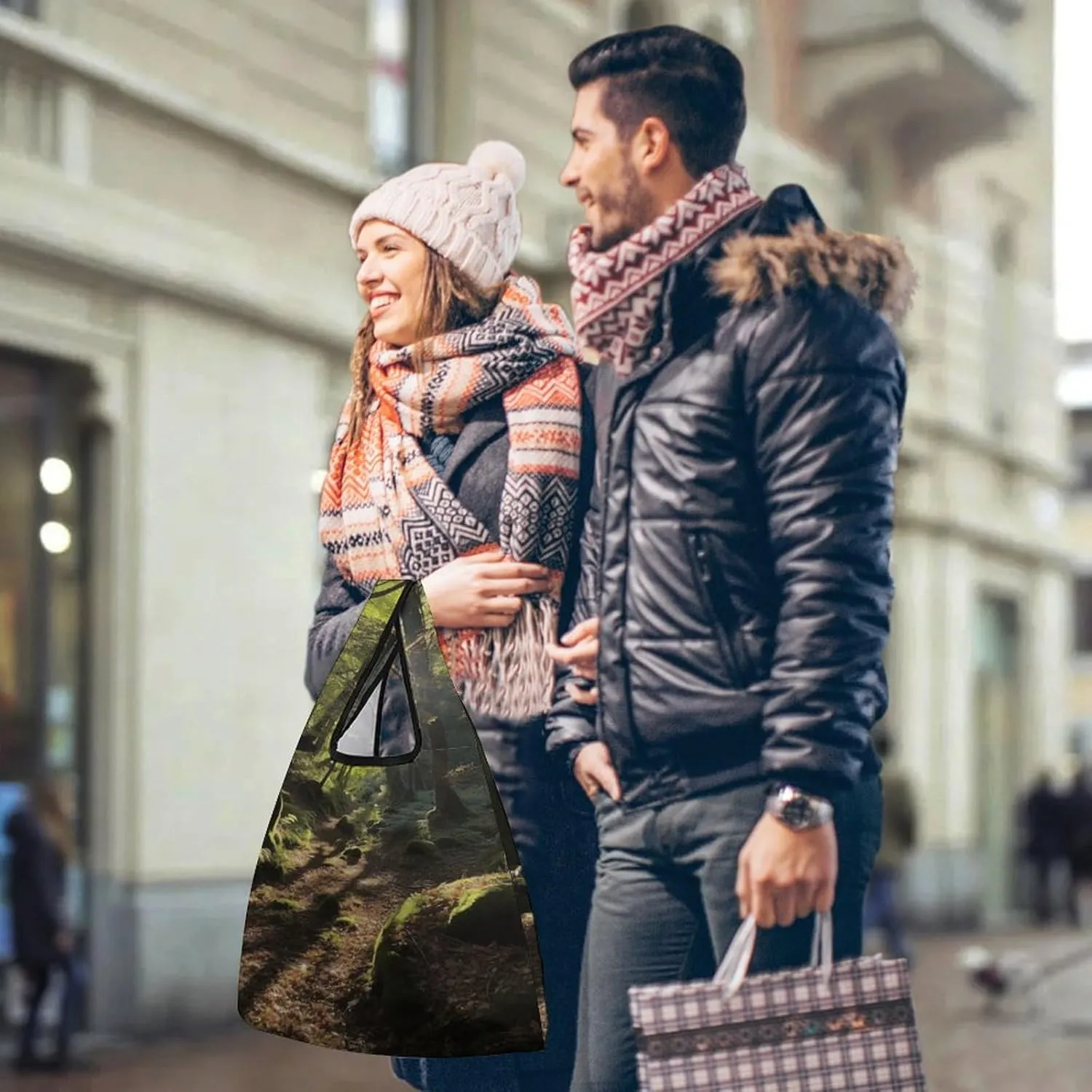 Grocery Bag Reusable Tote Bag Foldable Dark Blue Landscape Pattern Shopping Bag Handbag Washable Shoulder Bag for Work