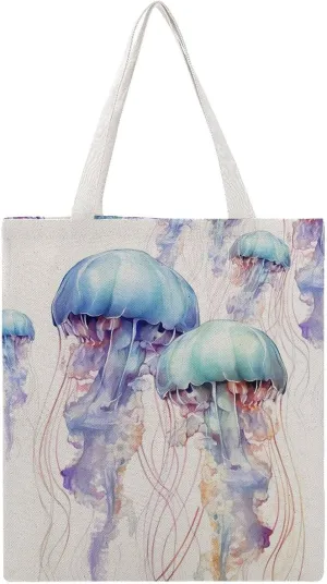 Grocery Bags Watercolor 3D Jellyfish Bag for Women Lightweight Beach Bag Shoulder Bags for Travel Shopping Work Handbag