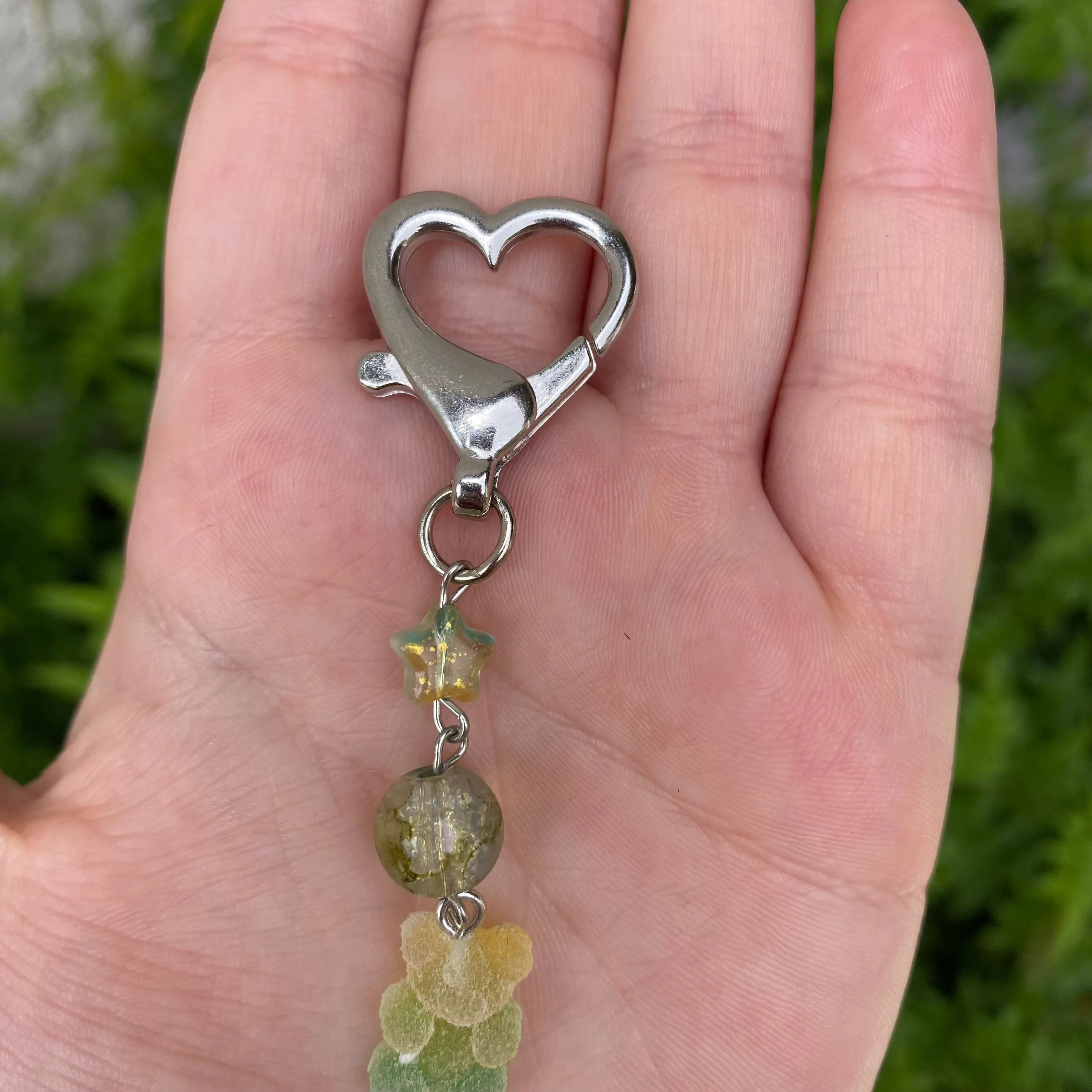 ‘Gummy Star’ Ombré Crackle Glass and Star Beaded Sour Gummy Bear Charm and Heart Shaped Lobster Clasp Keychain in Lime