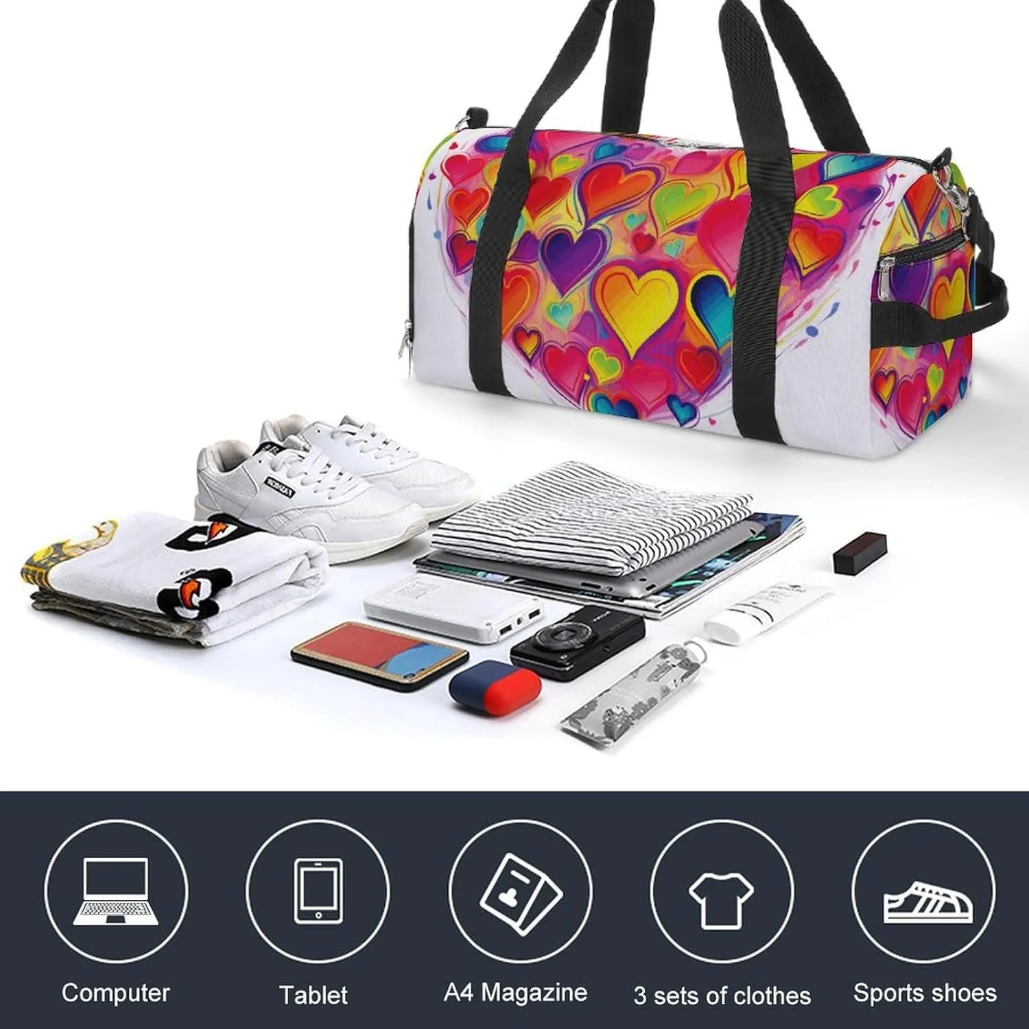 Gym Bag Colourful Heart Duffel Bag for Men Women Travel Overnight Bag with Shoe Compartment Workout Bags