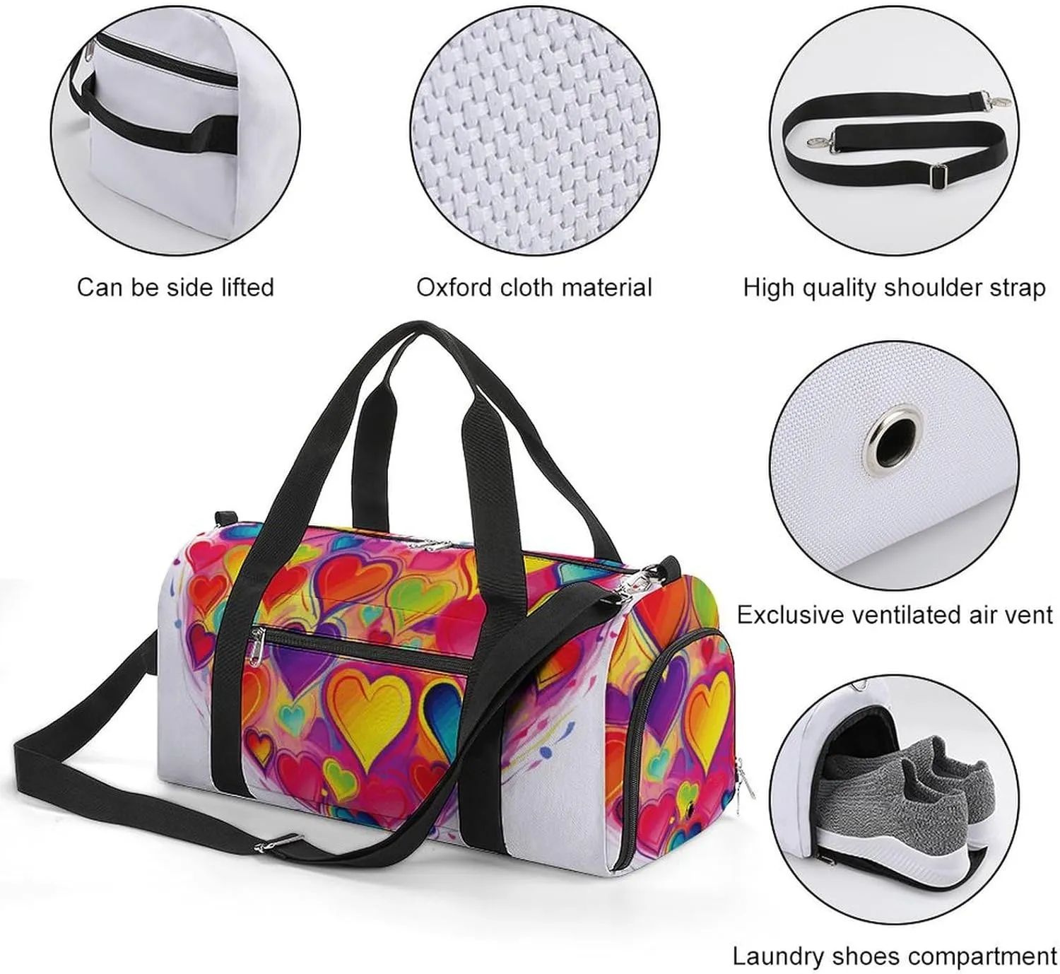 Gym Bag Colourful Heart Duffel Bag for Men Women Travel Overnight Bag with Shoe Compartment Workout Bags