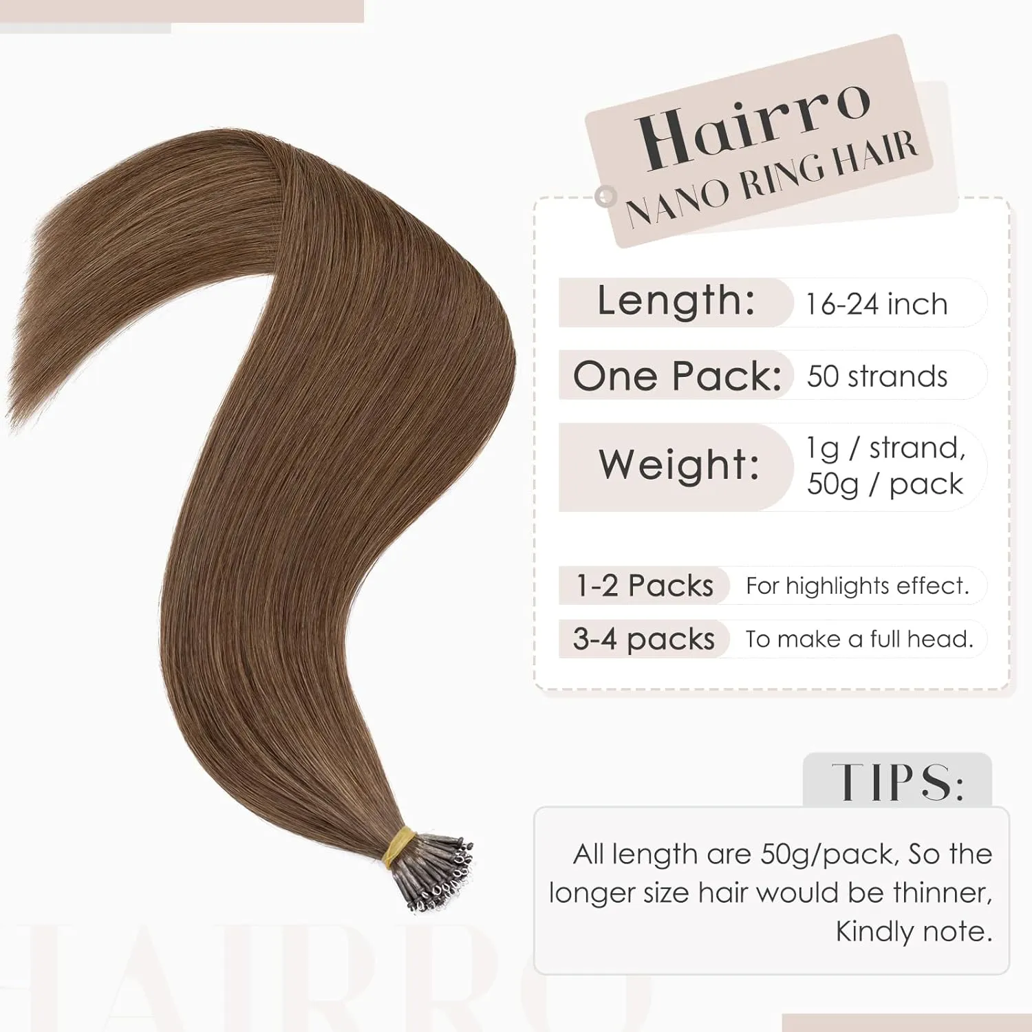 Hairro Nano Bead Hair Extensions Microlink Nano Ring Cold Fushion Keratin Itip Nano Beaded Hair Pre Bonded For Women 16inch 50g/PACK 50 Strands #04 Medium Brown