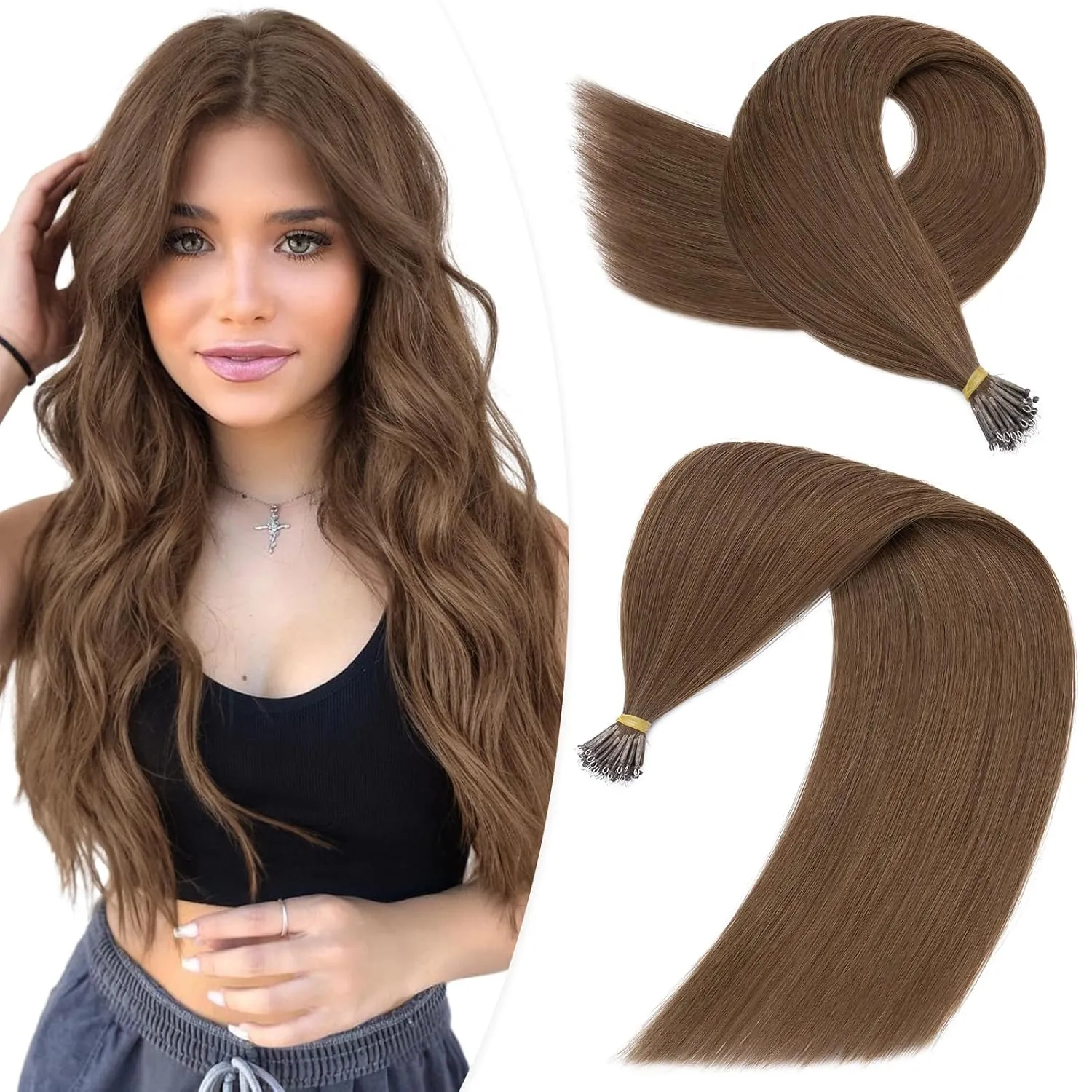 Hairro Nano Bead Hair Extensions Microlink Nano Ring Cold Fushion Keratin Itip Nano Beaded Hair Pre Bonded For Women 16inch 50g/PACK 50 Strands #04 Medium Brown