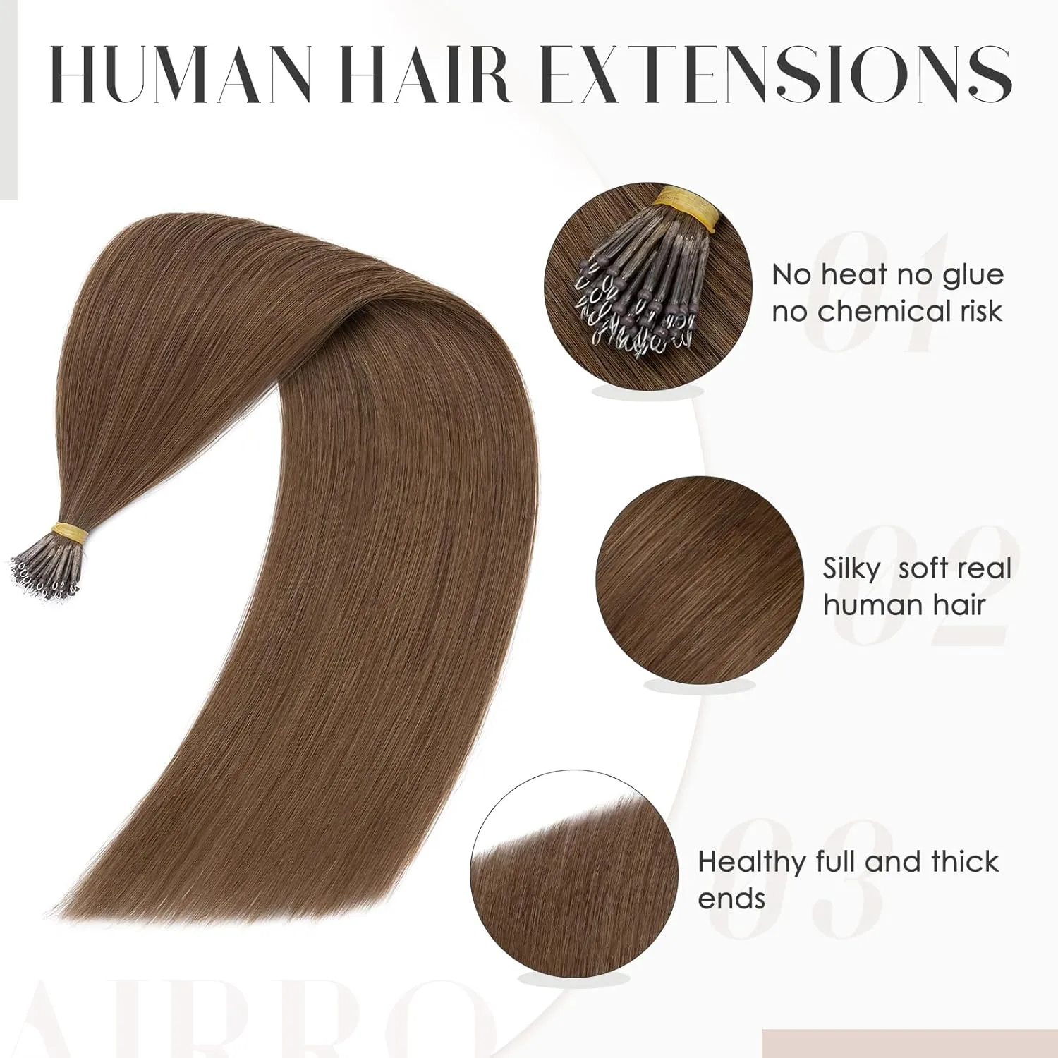 Hairro Nano Bead Hair Extensions Microlink Nano Ring Cold Fushion Keratin Itip Nano Beaded Hair Pre Bonded For Women 16inch 50g/PACK 50 Strands #04 Medium Brown