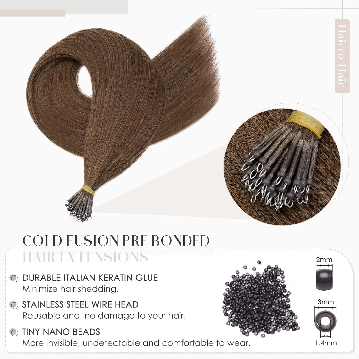 Hairro Nano Bead Hair Extensions Microlink Nano Ring Cold Fushion Keratin Itip Nano Beaded Hair Pre Bonded For Women 16inch 50g/PACK 50 Strands #04 Medium Brown