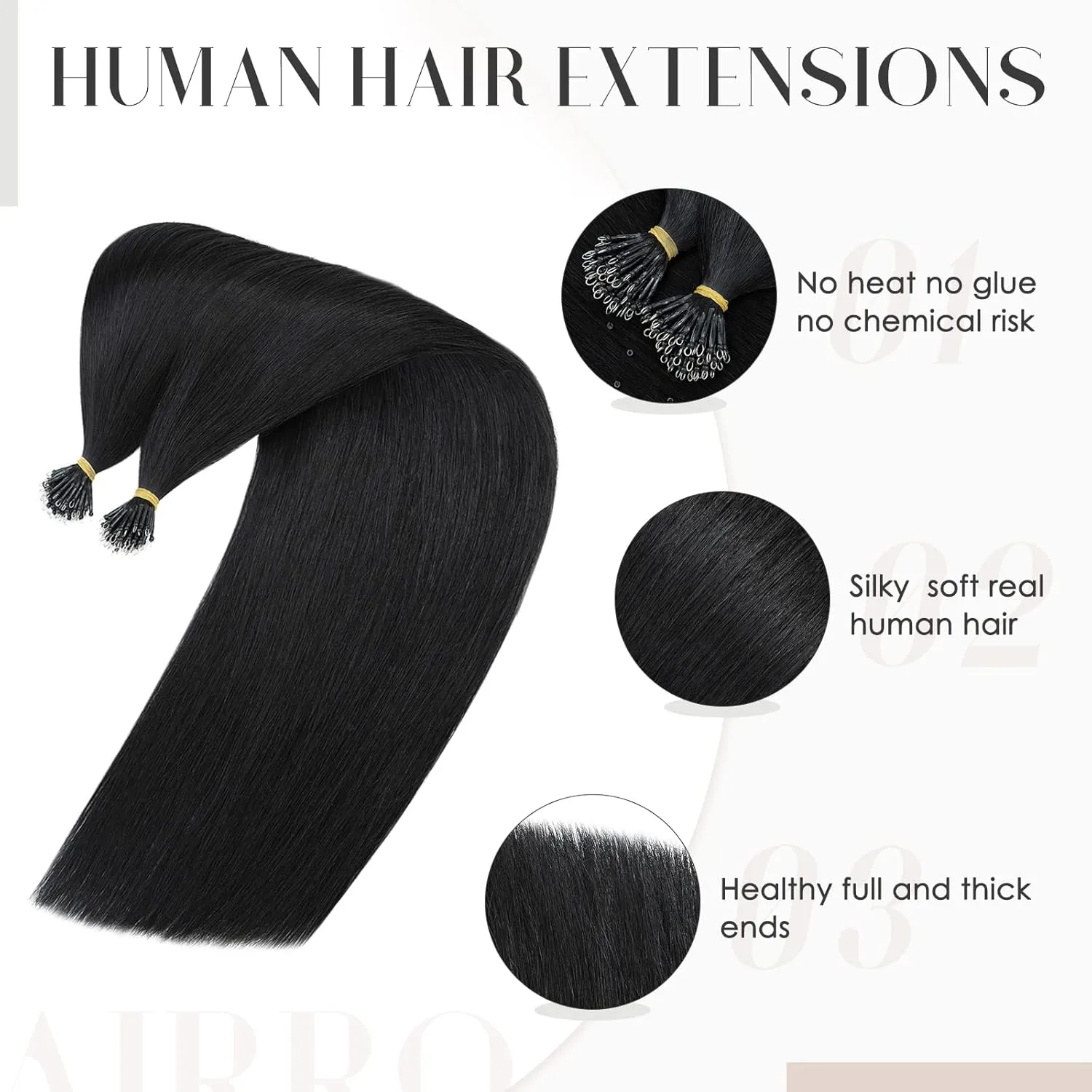Hairro Nano Bead Hair Extensions Microlink Nano Ring Itip Hair Extensions Nano Beaded Hair Pre Bonded Cold Fushion Keratin Remy Hairpieces For Women 16inch 50g/PACK 50 Strands #01 Natural Black