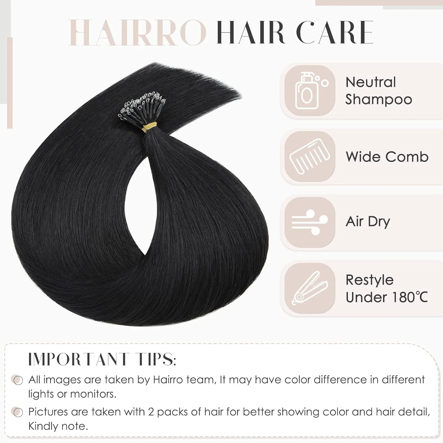 Hairro Nano Bead Hair Extensions Microlink Nano Ring Itip Hair Extensions Nano Beaded Hair Pre Bonded Cold Fushion Keratin Remy Hairpieces For Women 16inch 50g/PACK 50 Strands #01 Natural Black