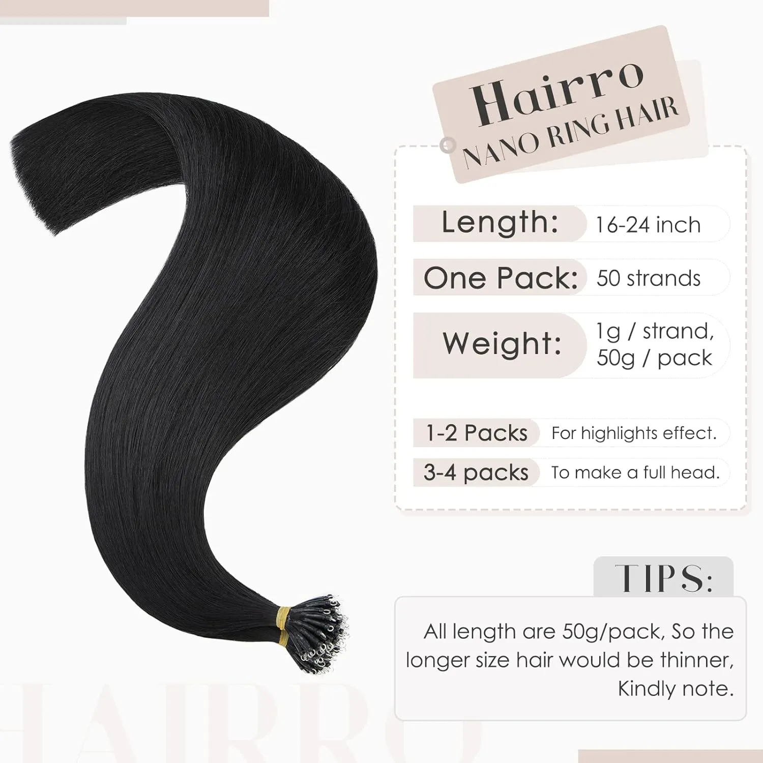 Hairro Nano Bead Hair Extensions Microlink Nano Ring Itip Hair Extensions Nano Beaded Hair Pre Bonded Cold Fushion Keratin Remy Hairpieces For Women 16inch 50g/PACK 50 Strands #01 Natural Black