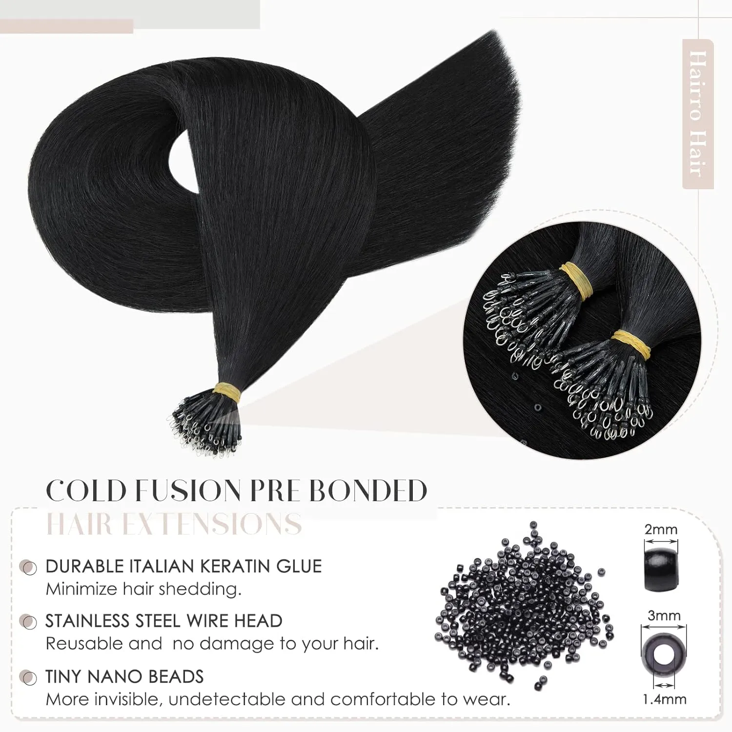Hairro Nano Bead Hair Extensions Microlink Nano Ring Itip Hair Extensions Nano Beaded Hair Pre Bonded Cold Fushion Keratin Remy Hairpieces For Women 16inch 50g/PACK 50 Strands #01 Natural Black