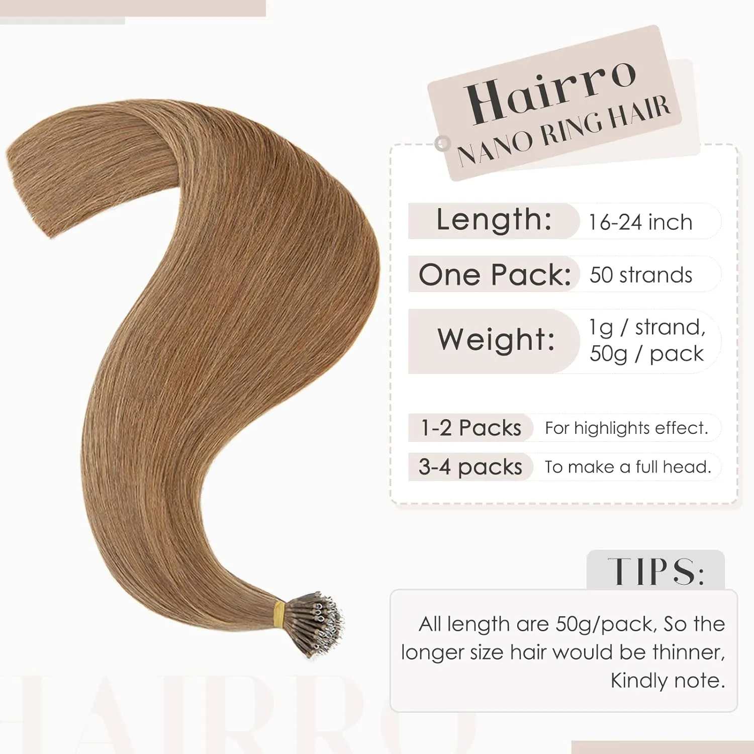 Hairro Nano Bead Hair Extensions Microlink Nano Ring Itip Hair Extensions Nano Beaded Hair Pre Bonded Cold Fushion Keratin Remy Hairpieces For Women 16inch 50g/PACK 50 Strands #06 Light Brown