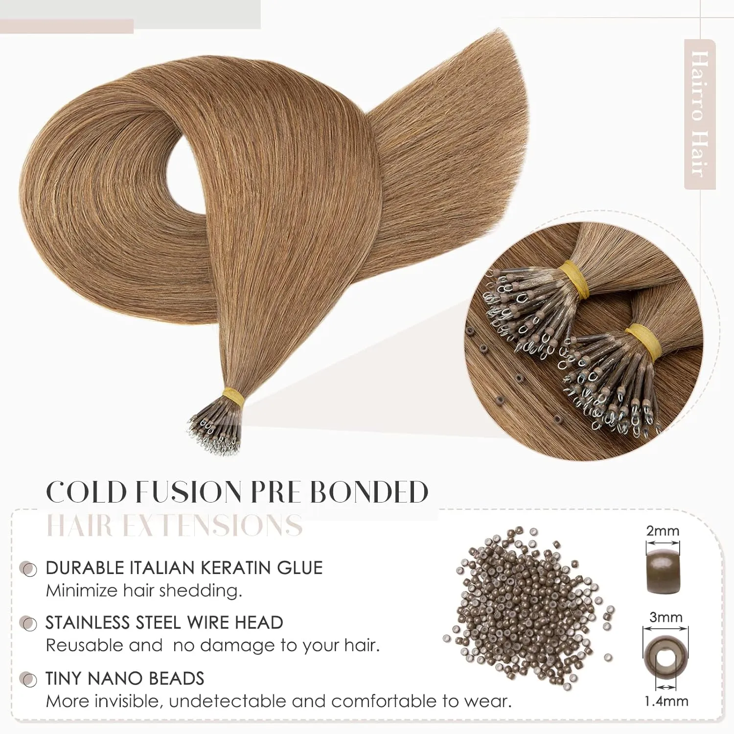 Hairro Nano Bead Hair Extensions Microlink Nano Ring Itip Hair Extensions Nano Beaded Hair Pre Bonded Cold Fushion Keratin Remy Hairpieces For Women 16inch 50g/PACK 50 Strands #06 Light Brown