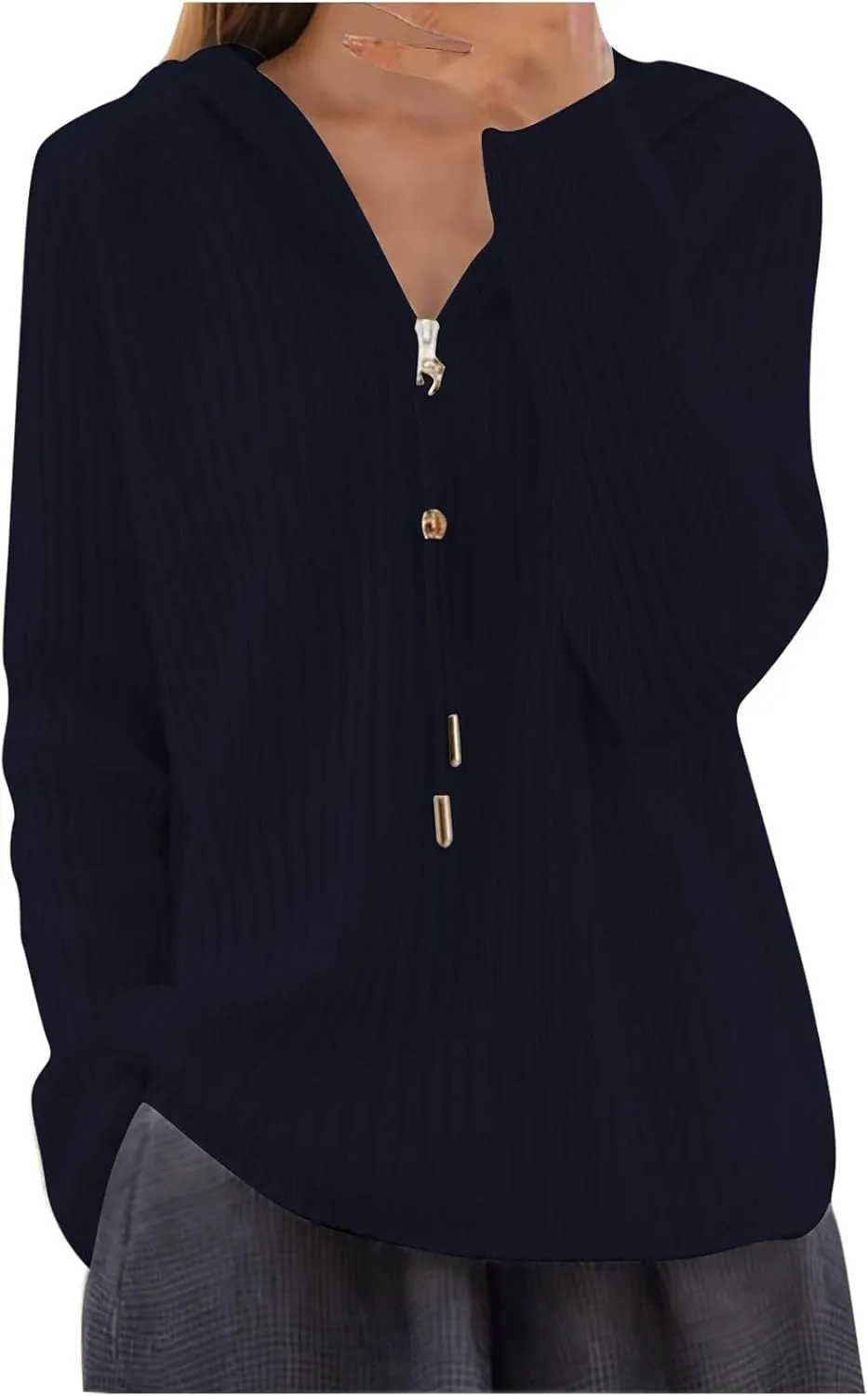 Half Zip Sweater for Women Fashion Winter Solid Drawstring Knit Blouse Striped Oversized Wide Hem Casual Outwear