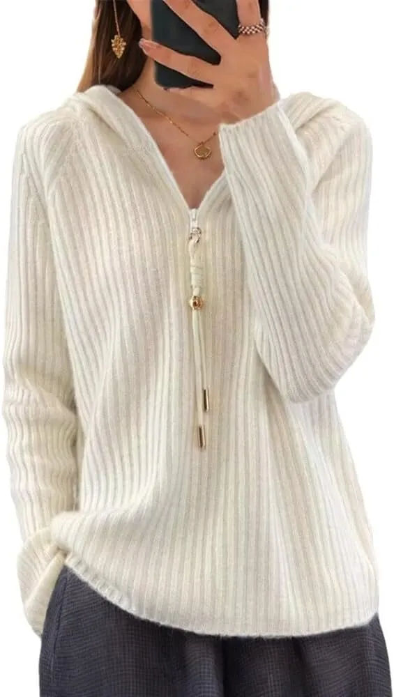 Half Zip Sweater for Women Fashion Winter Solid Drawstring Knit Blouse Striped Oversized Wide Hem Casual Outwear