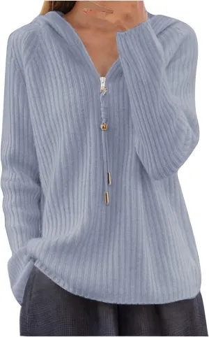 Half Zip Sweater for Women Fashion Winter Solid Drawstring Knit Blouse Striped Oversized Wide Hem Casual Outwear