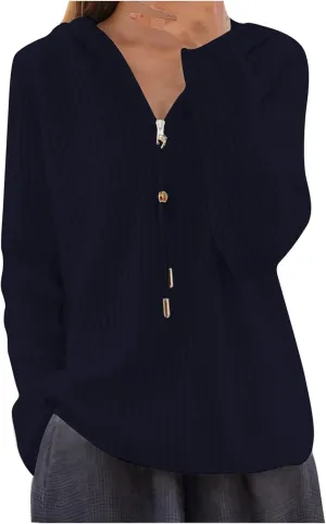 Half Zip Sweater for Women Fashion Winter Solid Drawstring Knit Blouse Striped Oversized Wide Hem Casual Outwear