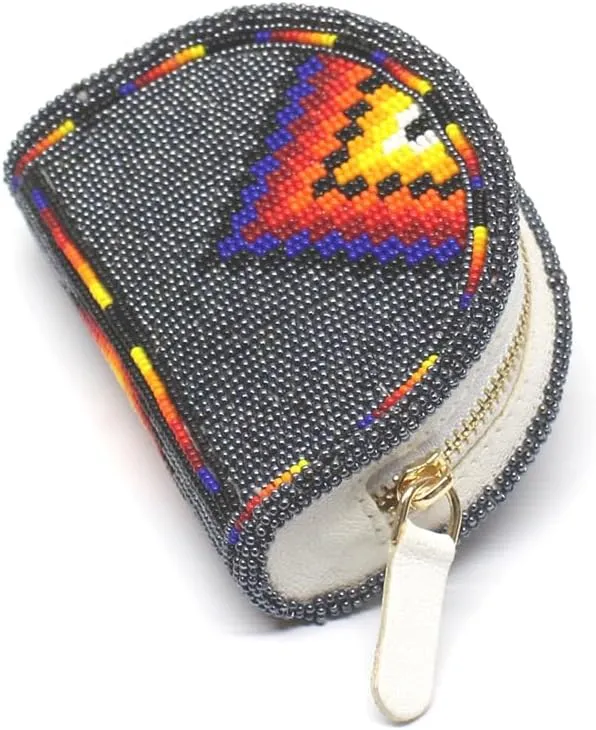 Handmade Beaded Coin Purse, Change Purse for Women, Seed Beads Native American Style Coin Wallet, Small Leather Coin Pouch.(Grey)