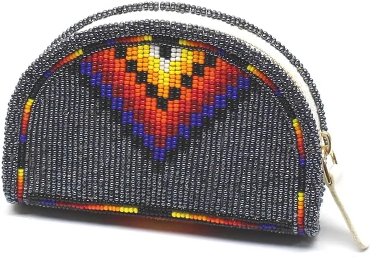 Handmade Beaded Coin Purse, Change Purse for Women, Seed Beads Native American Style Coin Wallet, Small Leather Coin Pouch.(Grey)
