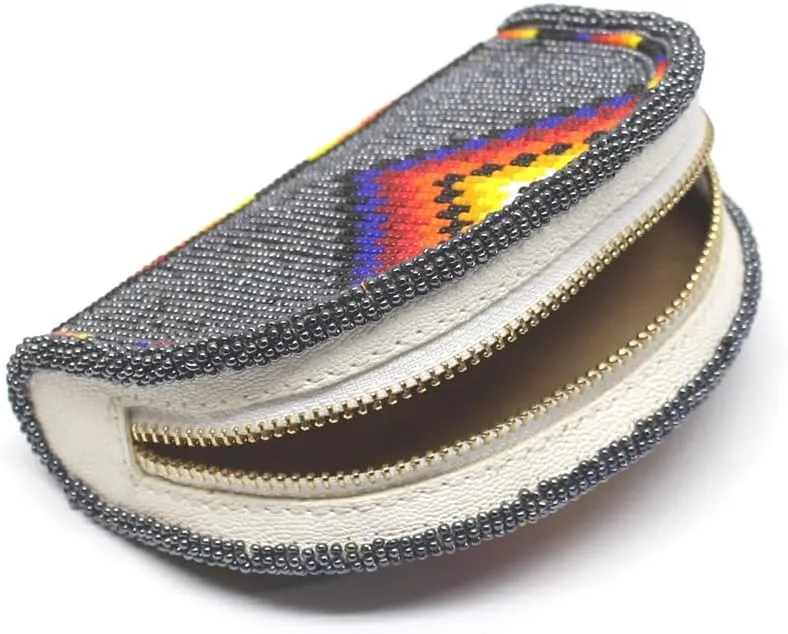 Handmade Beaded Coin Purse, Change Purse for Women, Seed Beads Native American Style Coin Wallet, Small Leather Coin Pouch.(Grey)