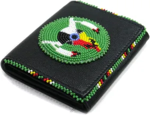 Handmade Beaded Leather Wallet for women, Native American Style Seed Beads Bifold Purse, Gift For her, Minimalist Wallet (Black (Green Skull))