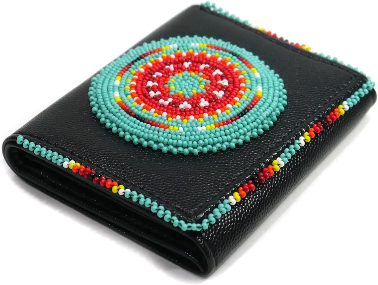 Handmade Beaded Leather Wallet for women, Native American Style Seed Beads Bifold Purse, Gift For her, Minimalist Wallet (Black (Turquoise Geometric))
