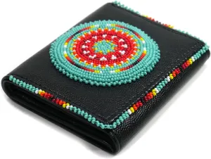 Handmade Beaded Leather Wallet for women, Native American Style Seed Beads Bifold Purse, Gift For her, Minimalist Wallet (Black (Turquoise Geometric))