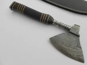 Handmade Damascus Viking Axe, Bearded Axe Chopping Axe,11" Buffalo Horn Handle Axe. Hand Forged Woodsman Axe