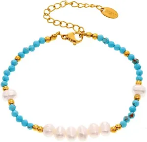 Handmade Turquoise Beaded Bracelet with Freshwater Pearls, Minimalist Light Jewelry Gift