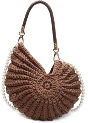 Handwoven Fashion Shell Bag for Women, Crochet Leather Handle Messenger Bag, Lightweight Portable Hand Bag with Strap