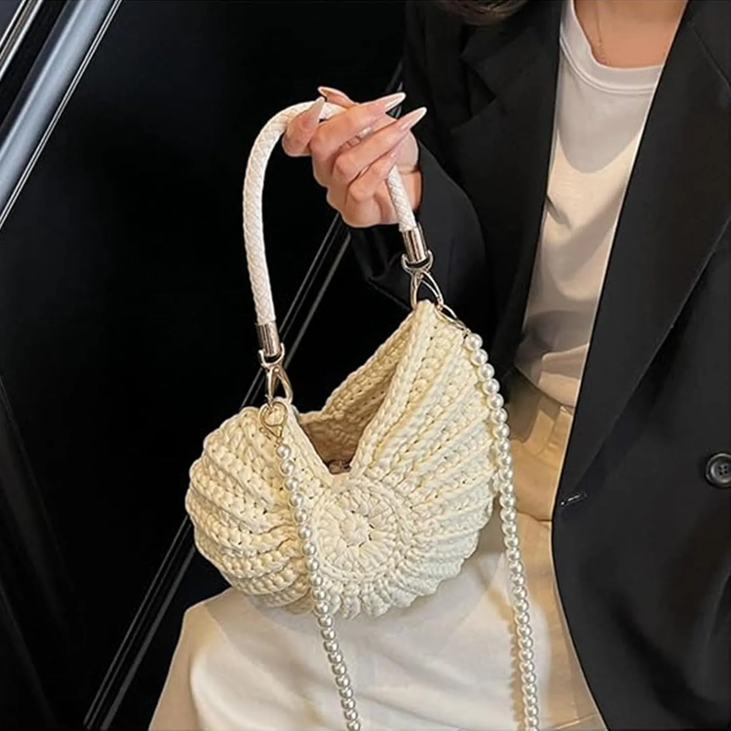 Handwoven Fashion Shell Bag for Women, Crochet Leather Handle Messenger Bag, Lightweight Portable Hand Bag with Strap
