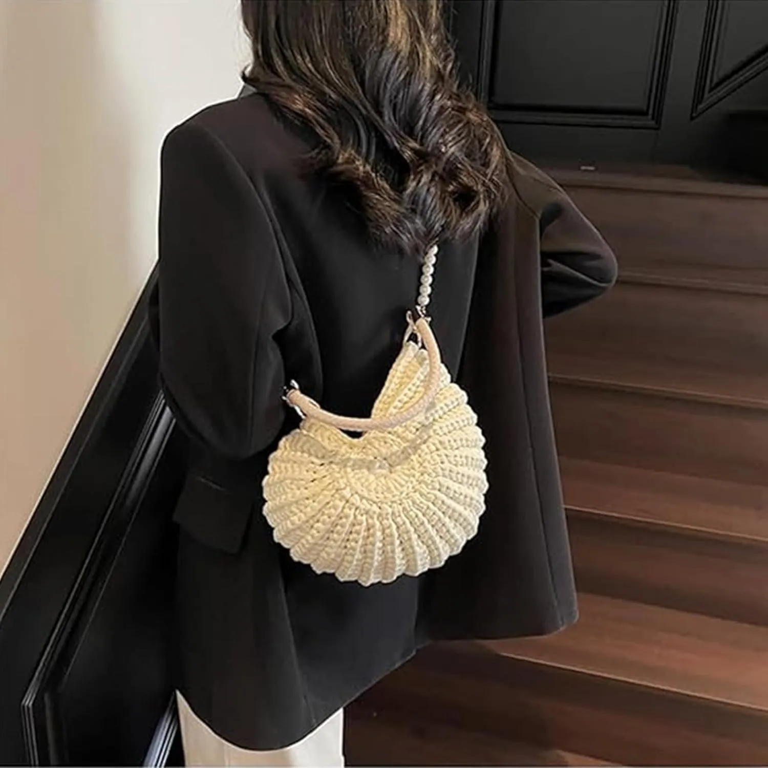 Handwoven Fashion Shell Bag for Women, Crochet Leather Handle Messenger Bag, Lightweight Portable Hand Bag with Strap