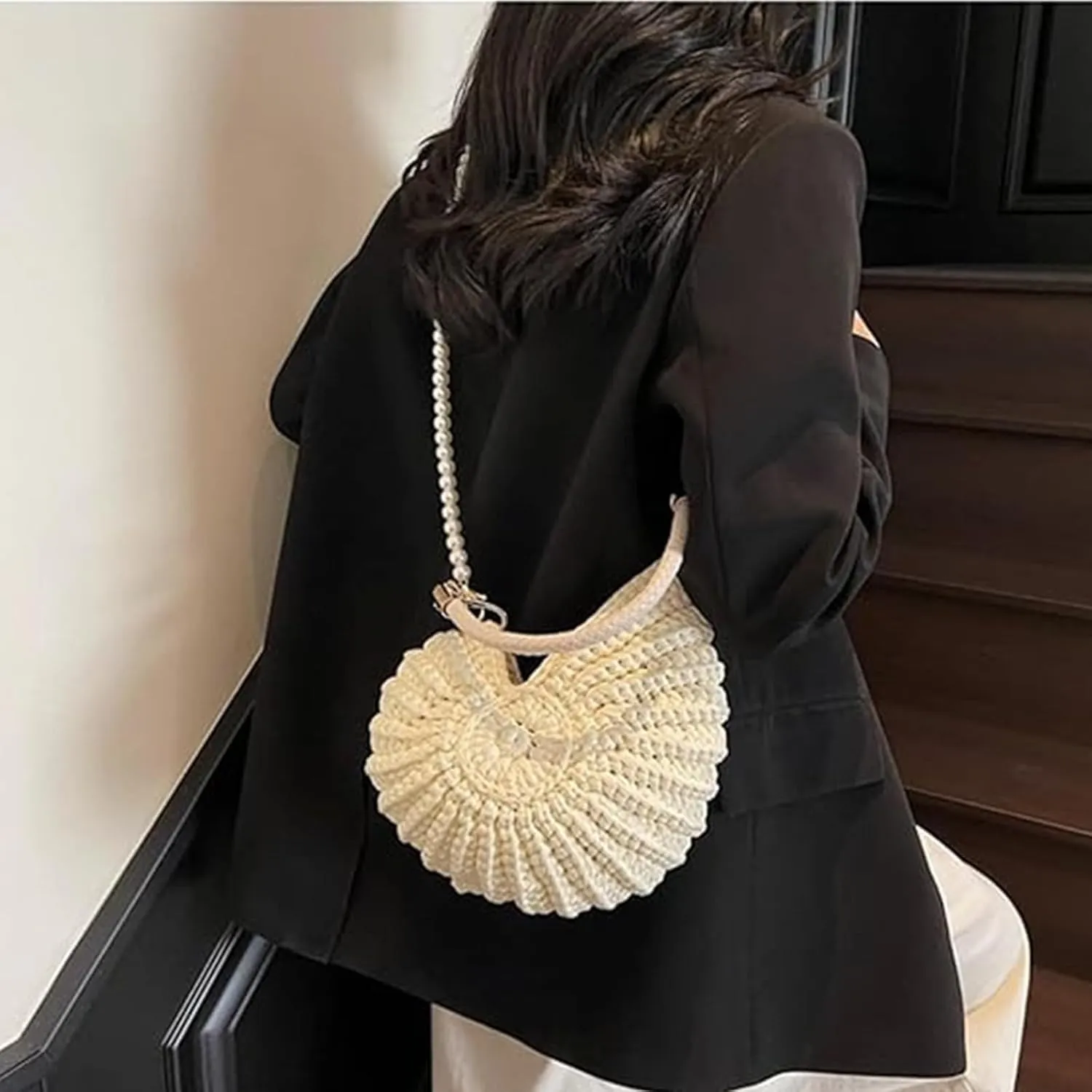 Handwoven Fashion Shell Bag for Women, Crochet Leather Handle Messenger Bag, Lightweight Portable Hand Bag with Strap