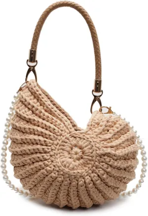 Handwoven Fashion Shell Bag for Women, Crochet Leather Handle Messenger Bag, Lightweight Portable Hand Bag with Strap