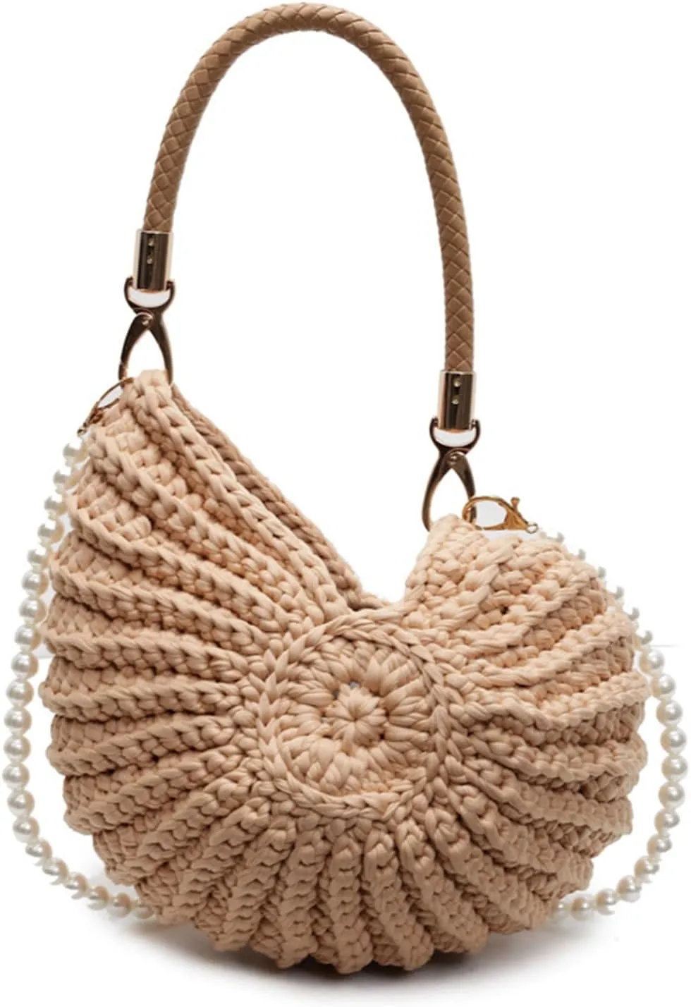 Handwoven Fashion Shell Bag for Women, Crochet Leather Handle Messenger Bag, Lightweight Portable Hand Bag with Strap