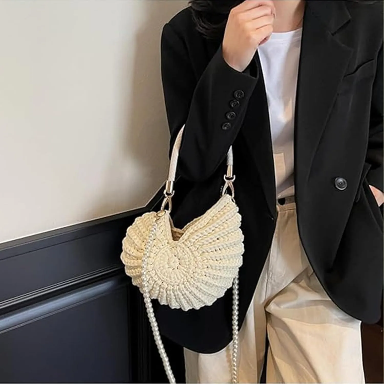Handwoven Fashion Shell Bag for Women, Crochet Leather Handle Messenger Bag, Lightweight Portable Hand Bag with Strap