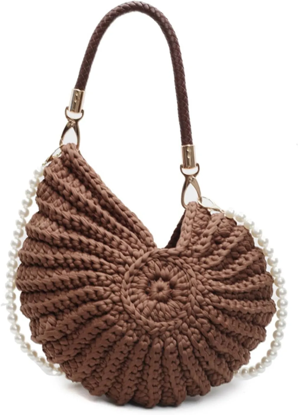 Handwoven Fashion Shell Bag for Women, Crochet Leather Handle Messenger Bag, Lightweight Portable Hand Bag with Strap