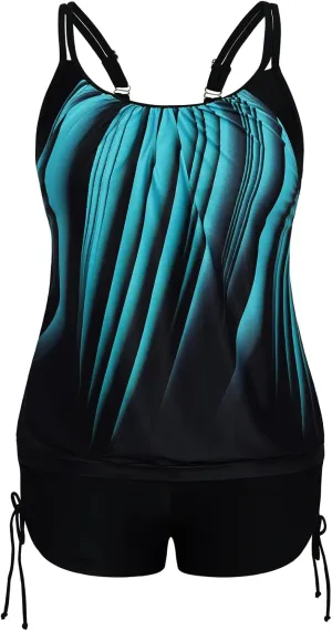 Hanna Nikole Womens Plus Size Striped Printed Strappy Tankini Top with Shorts Two Piece Swimsuit