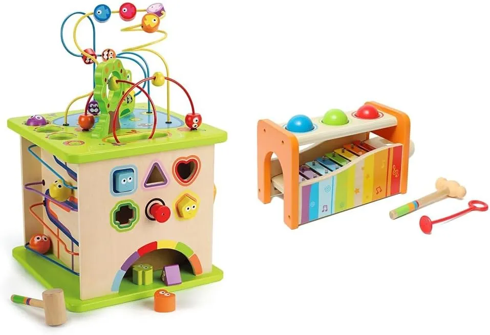 Hape Country Critters Wooden Activity Play Cube Pound & Tap Bench with Slide Out Xylophone - Award Winning Durable Wooden Musical Pounding Toy Multifunctional and Bright Colours, Yellow
